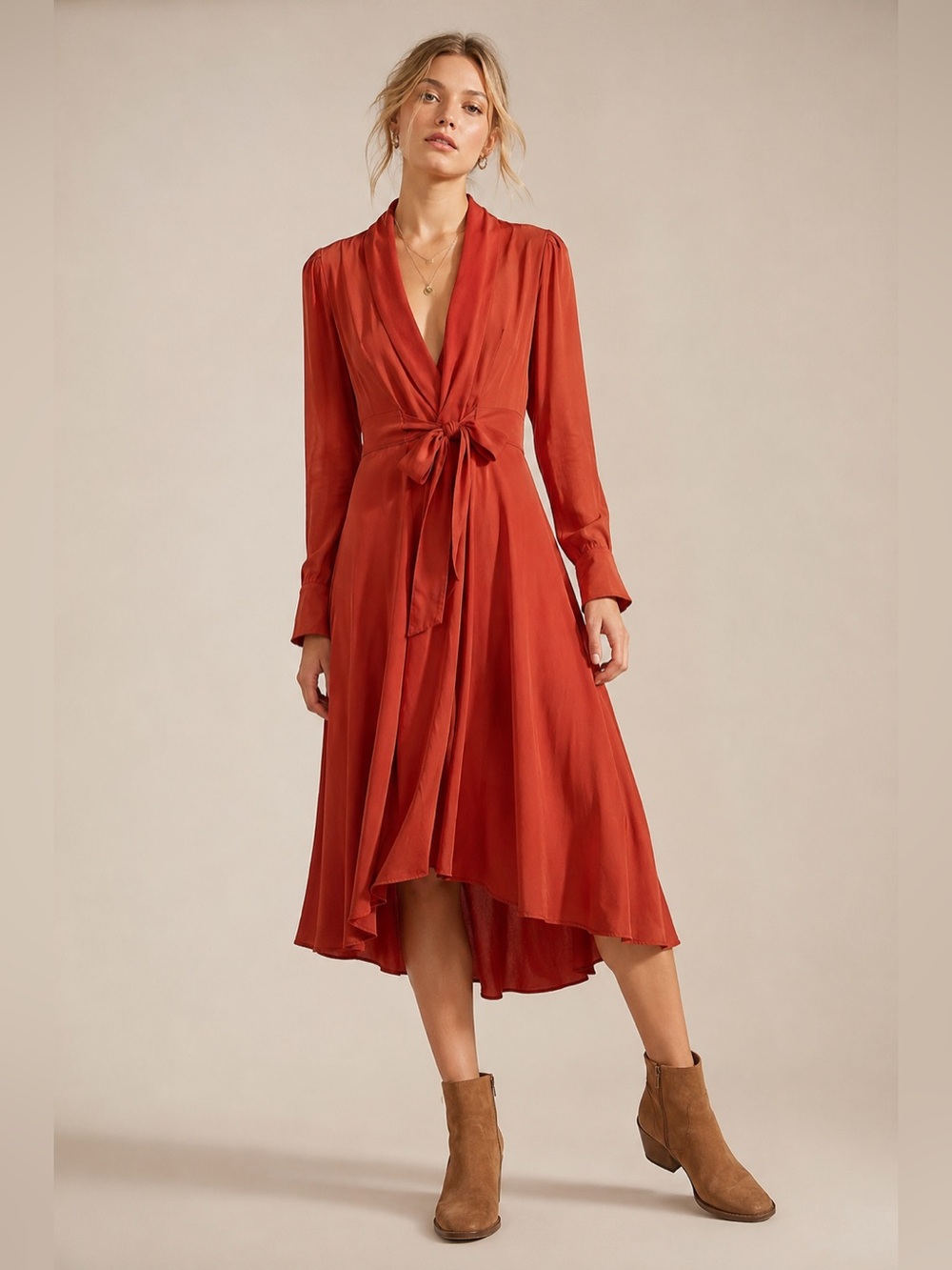 Free People Rust Wrap Midi Dress XS | Boho Long Sleeve Tie Waist Viscose